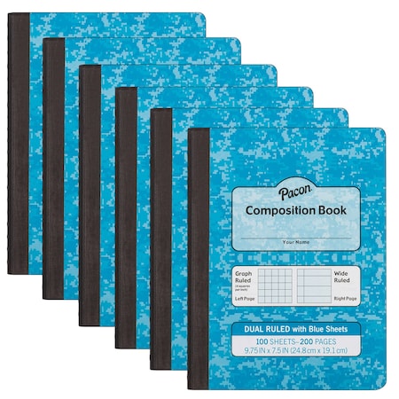Pacon Dual Ruled Composition Book, Blue, 1/4in. Grid & 3/8in. Wide Ruled, 100 Sheets Per Book, 12PK MMK37160